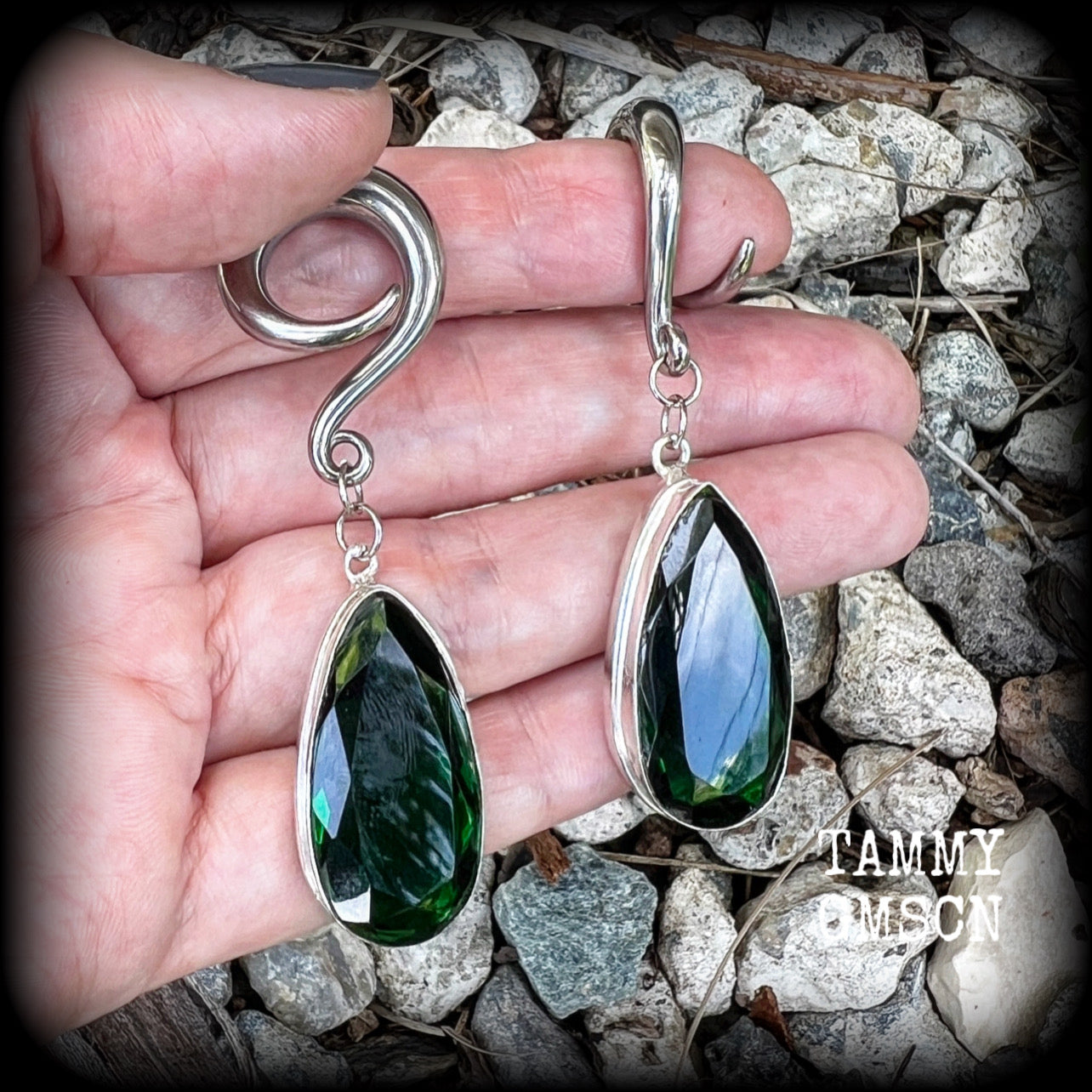 Emerald green gemstone gauged earrings-Teardrop earrings