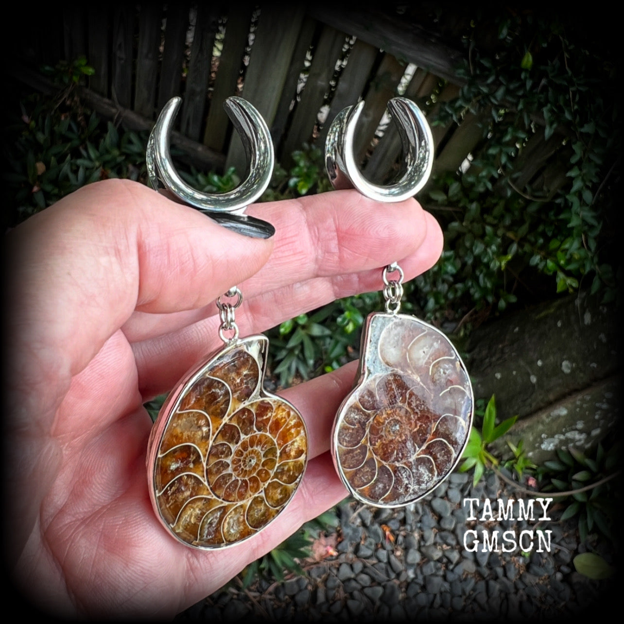 These big beautiful ammonite fossil gauged earrings are gorgeous!! This pair measures just on 9cms from tip to tip, and weigh in at approx 25 grams each.

♥️ IF YOU ORDER THESE EARRINGS YOU RECEIVE THIS EXACT PAIR ♥️

This pair has been made on 3/4" gauge (19mm) surgical steel cradles, suitable for stretched lobes.