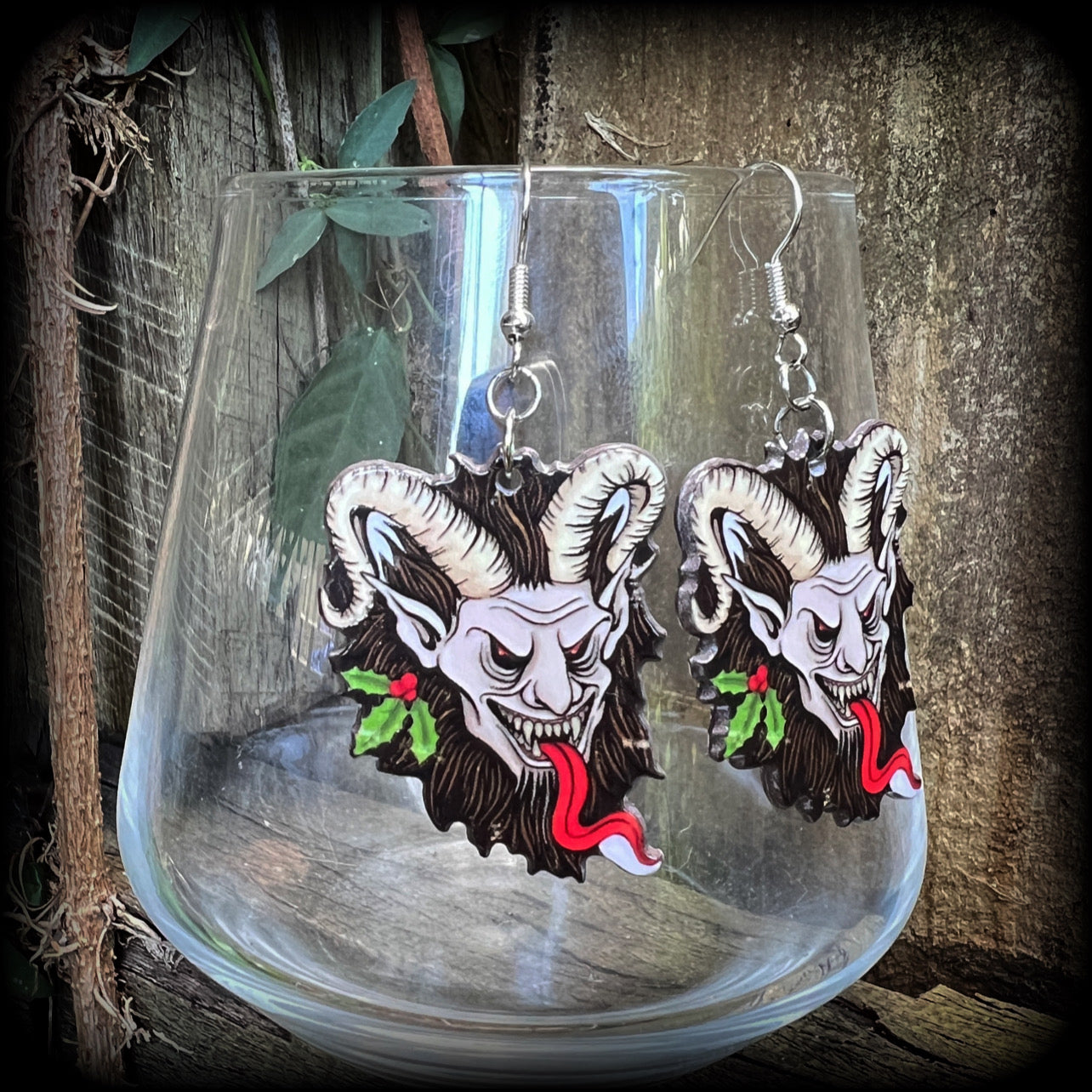 Christmas earrings Krampus earrings Christmas earrings Halloween earrings Summer solstice Yule earrings Horned god Gothic Winter solstice Pagan earrings Folklore Fairy tales Halloween jewelry Yuletide Mythology Mythological beasts Fairytales Pierced ears Tunnels Plugs