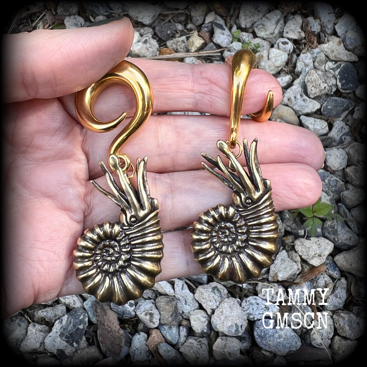 Nautilus ear weights Fossil ear weights Brass ear weights 0 gauge ear weights Gauged earrings 6g 2g 0g 00g 1/2” 9/16” 5/8” 3/4” 7/8” 1” 1.18
