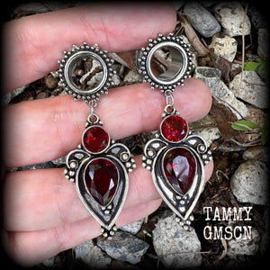 Beautiful deep red garnet gemstones in a gorgeous boho antique silver setting, made on ornate tunnel earrings for stretched lobes, available on a range of hooks and clasps for pierced ears and stretched lobes.