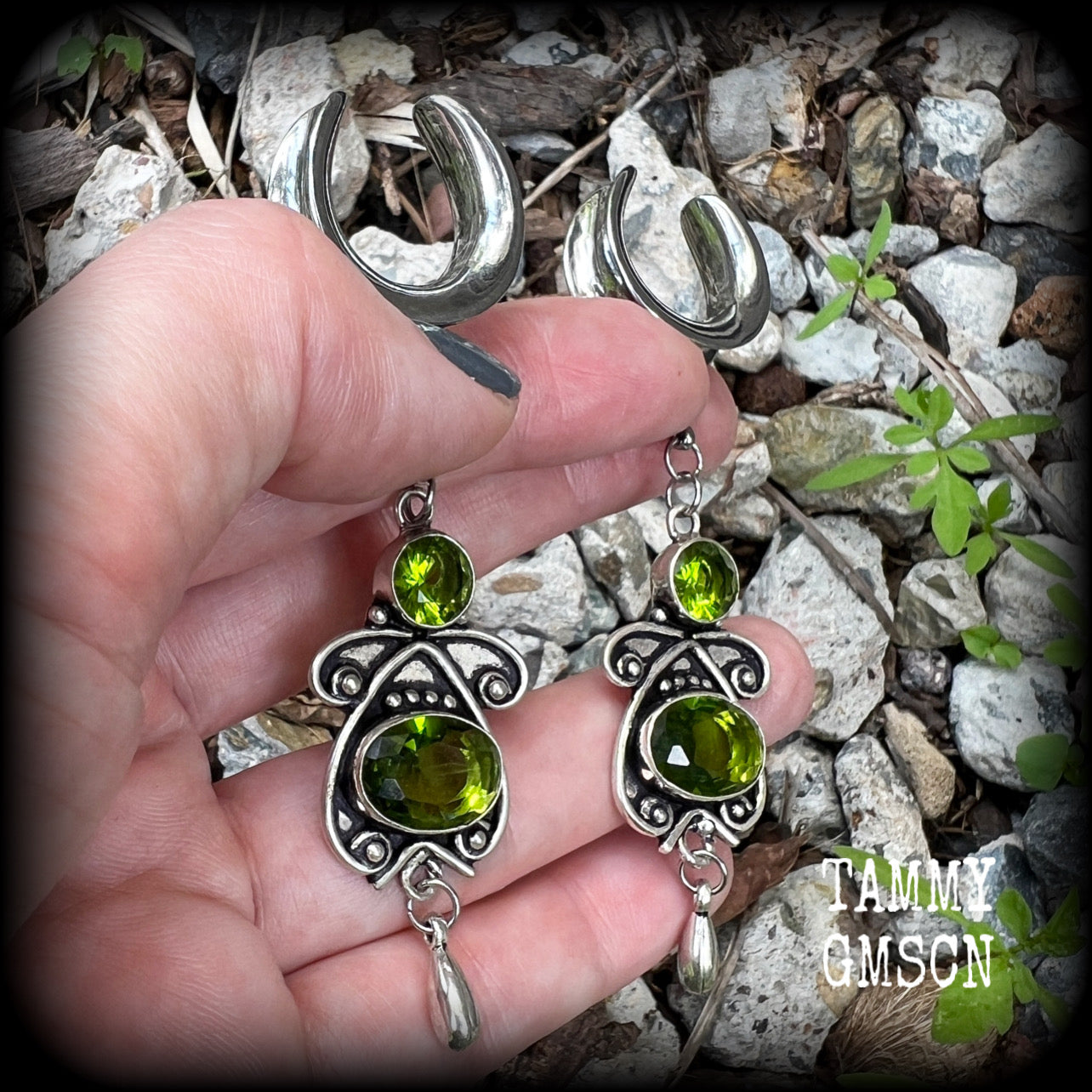 Peridot gauged earrings-Boho ear weights