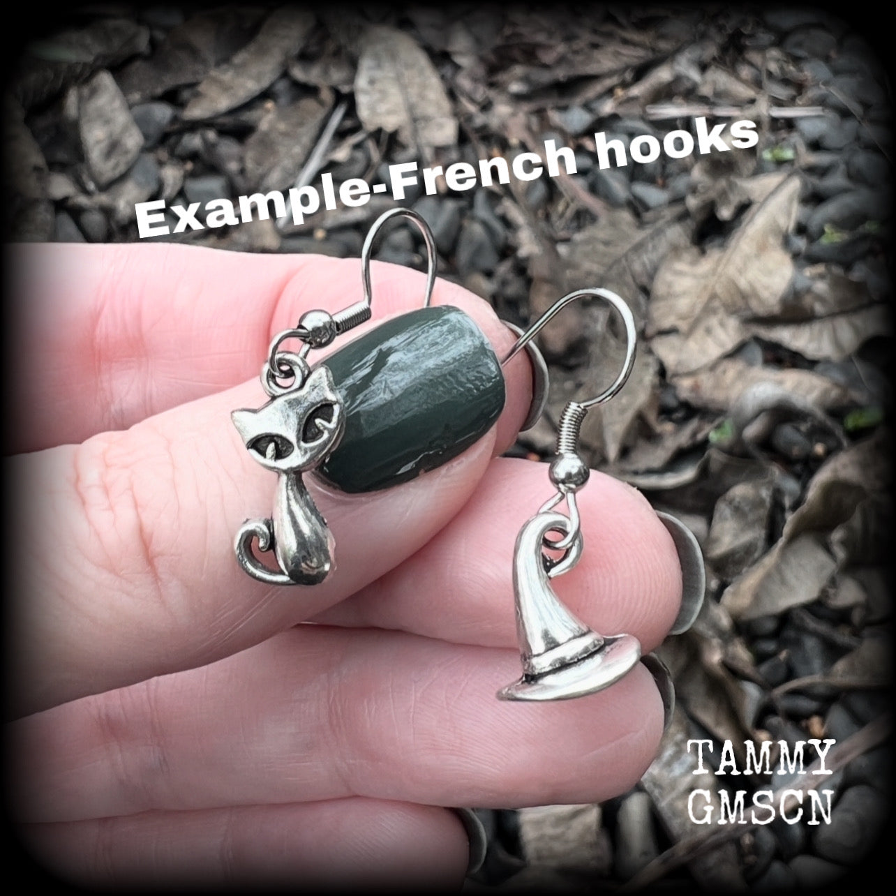 These adorably witchy earrings feature a cute antique silver black cat and witches hat! These earrings are nice and light weight at only a gram or two each, measuring just under 4cms from tip to tip.

This pair has been made on stainless steel french hooks, suitable for pierced ears.