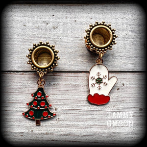 Festive tunnel earrings Christmas tunnel dangles Christmas earrings Winter solstice earrings Stretched ears Stretched lobes Body jewelry Ear gauges Gauged earrings Gauged ears Christmas gifts 6mm 8mm 10mm 12mm 14mm 16mm 19mm 22mm 25mm 28mm 30mm