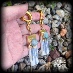 Selenite and druzy gauged earrings-Gemstone ear hangers