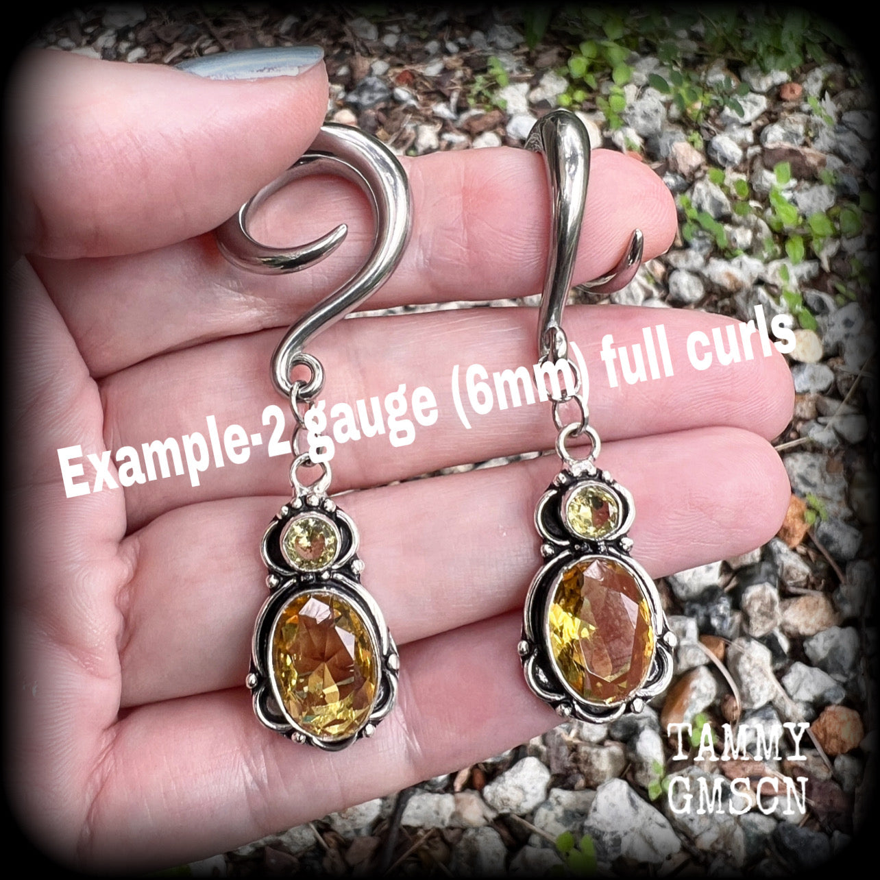 Yellow citrine gauged earrings-Gemstone ear weights-Hanging gauges