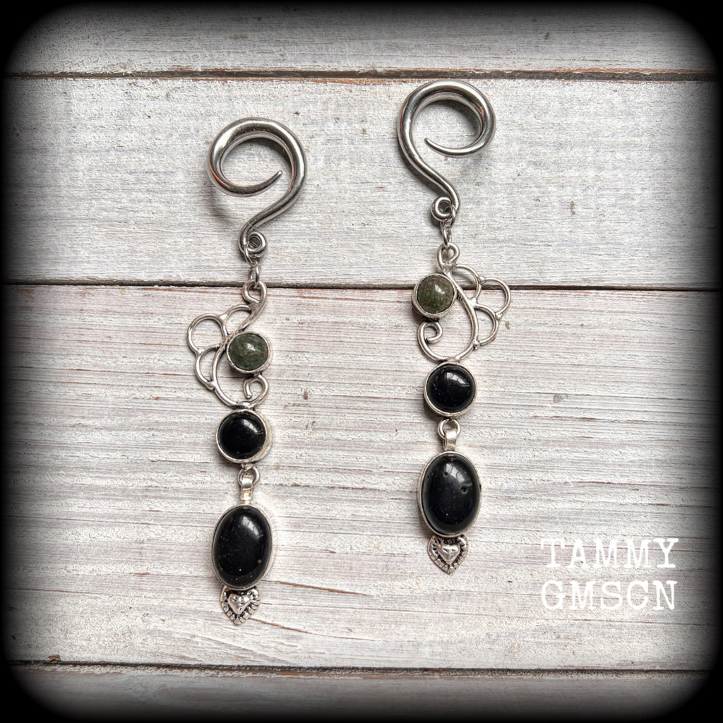 Black onyx and green jasper gauged earrings-Gemstone ear gauges