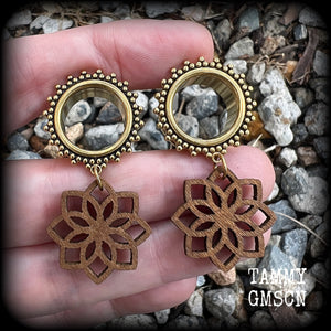 Wood mandala tunnel dangles-Boho gauges