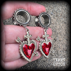 Sacred heart earrings Flaming heart earrings Milagros heart jewelry Corazon tunnels -2 gauge/6mm 
-0 gauge/8mm 
-00 gauge/10mm 
-1/2" gauge/12mm 
-9/16" gauge/14mm 
-5/8" gauge/16mm 
-3/4" gauge/19mm
-7/8" gauge/22mm
-1" gauge/25mm ear gauges