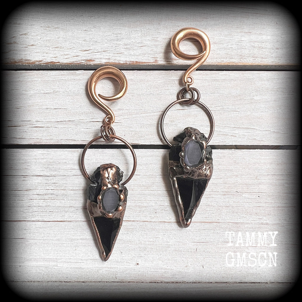 Black obsidian arrowhead gauged earrings-Gemstone ear weights