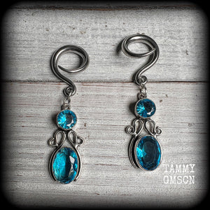 Blue topaz boho hanging gauges-Gemstone ear weights