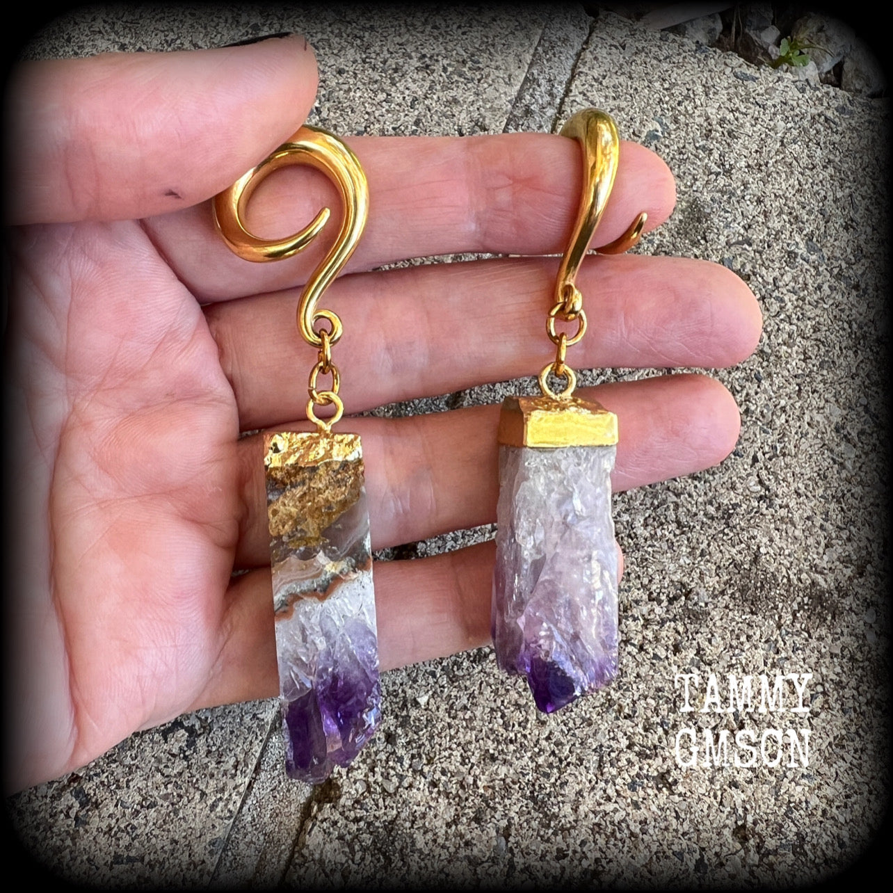 Raw Amethyst gauged earrings