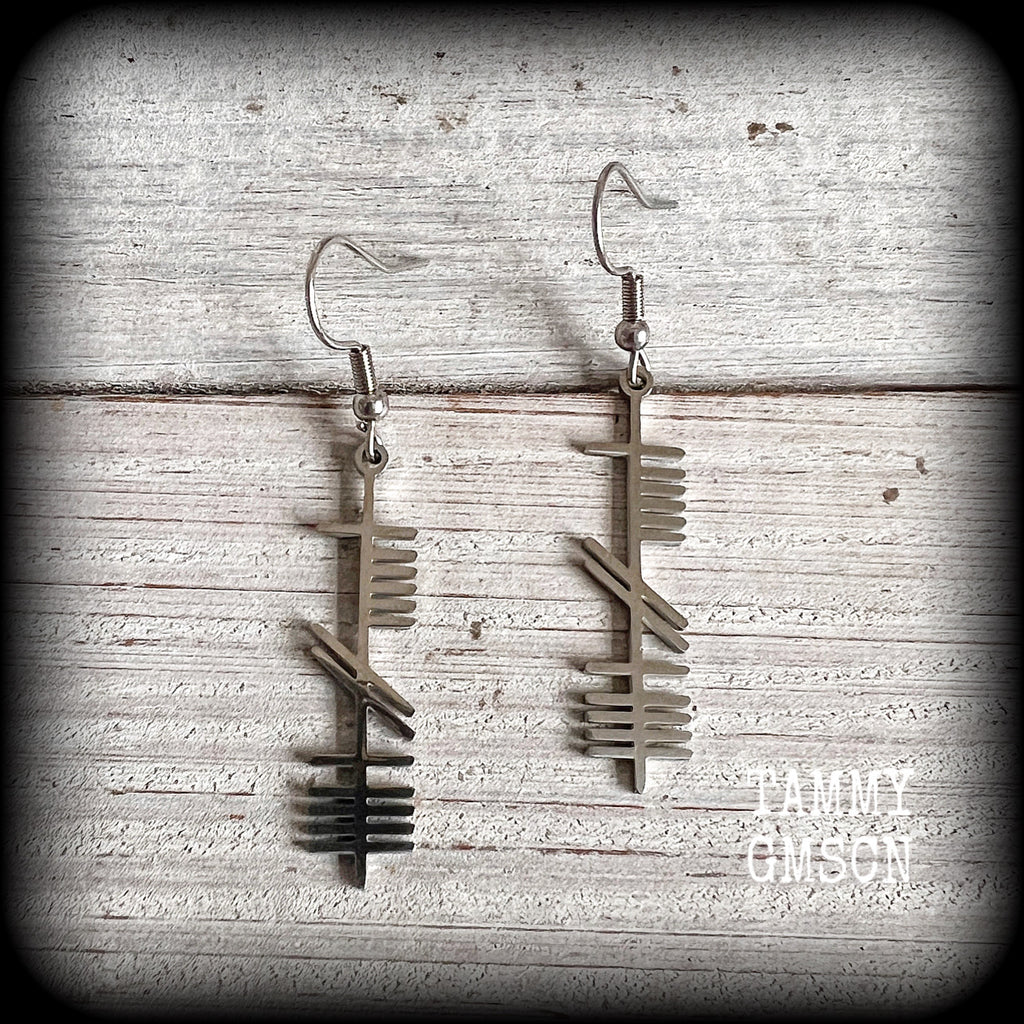 Ogham alphabet stave Tree alphabet jewellery Ogham earrings Wisdom jewelry Druid earrings Pagan jewelry Runes jewellery Pierced ears Stretched lobes