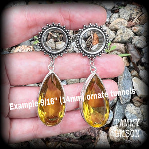 Ornate gemstone teardrop tunnels-Citrine earrings