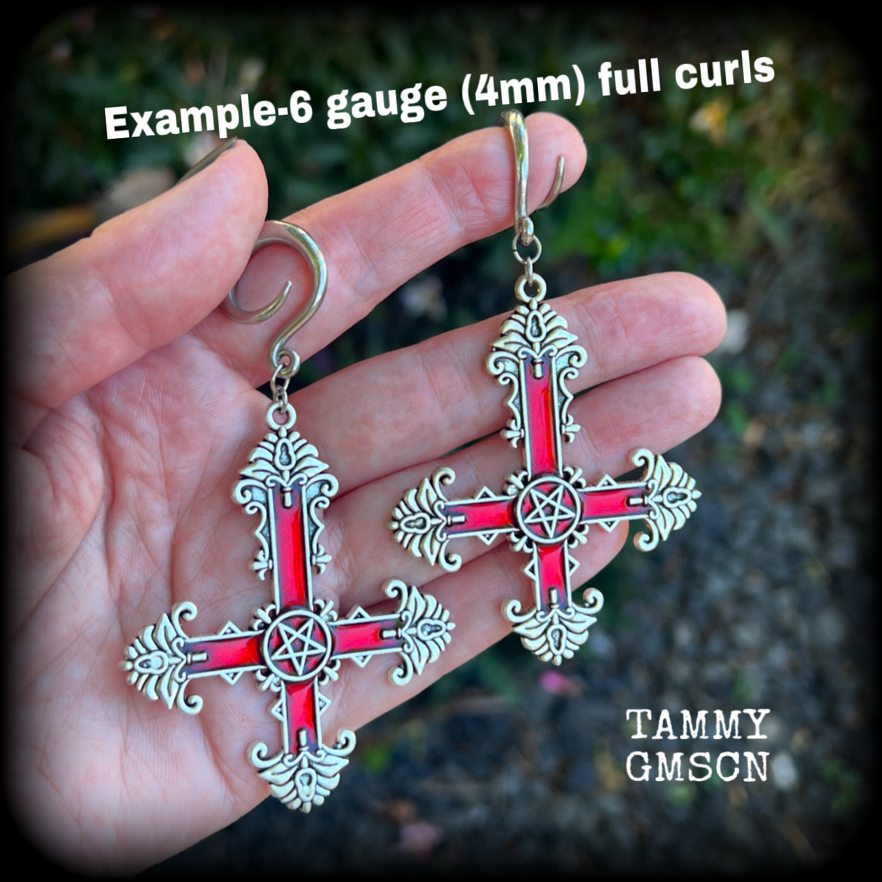 Red gothic inverted cross earrings-Pentagram jewellery