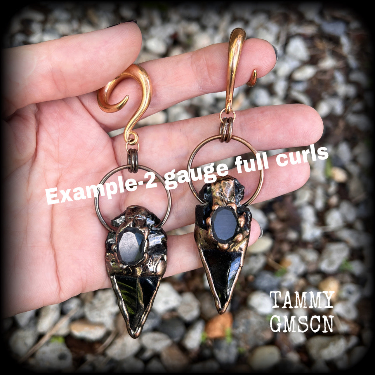 Black obsidian arrowhead gauged earrings-Gemstone ear weights