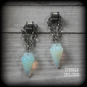 These gorgeous opalite earrings have been made with transluscent gemstone pendulums, are nice and dangly measuring in at just on 7.5cms from tip to tip and not too heavy at 11 grams a piece.

🔥🔥🔥 This listing is for a chunky chain/lobster clasp combination suitable for 00 gauge and larger. If you choose a smaller size of tunnel than 00 gauge we will make these on a smaller chain.

💥This listing includes one pair of surgical steel single flared O-ring earlets