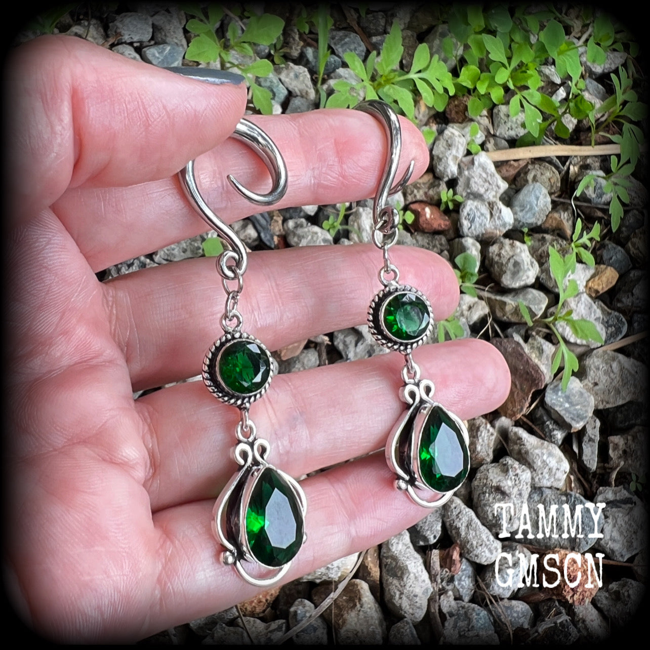 Emerald green gemstone gauged earrings-Boho earrings