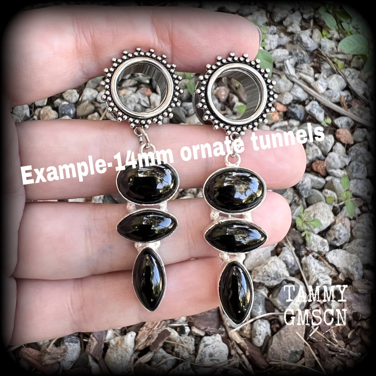 Black onyx tunnel dangles-Ornate tunnels