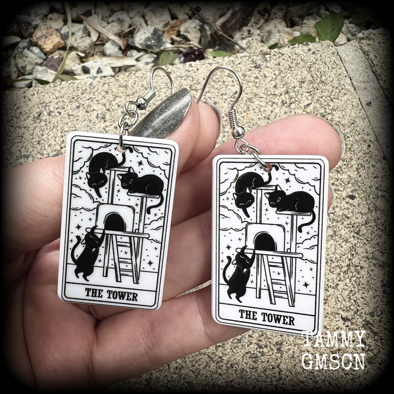 The Cat Tower tarot card earrings