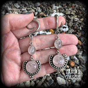 Rose quartz gauged earrings-Gemstone ear weights