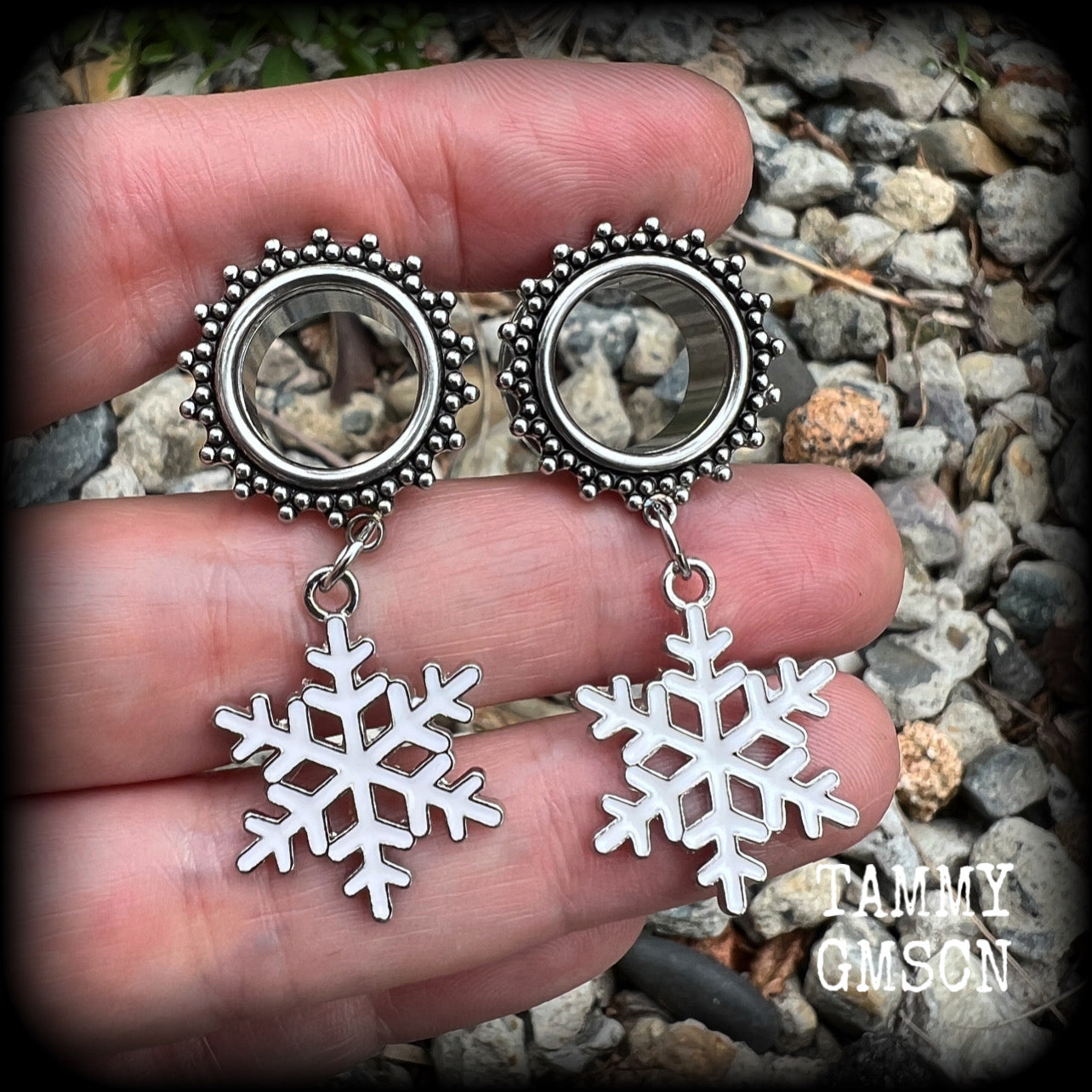 Snowflake earrings Snowflake tunnel earrings Snowflake gauged earrings Snowflake ear gauges Snowflake ear hangers Snowflake ear weights Christmas earrings Christmas tunnel earrings Christmas gauged earrings Christmas ear hangers Yuletide Winter