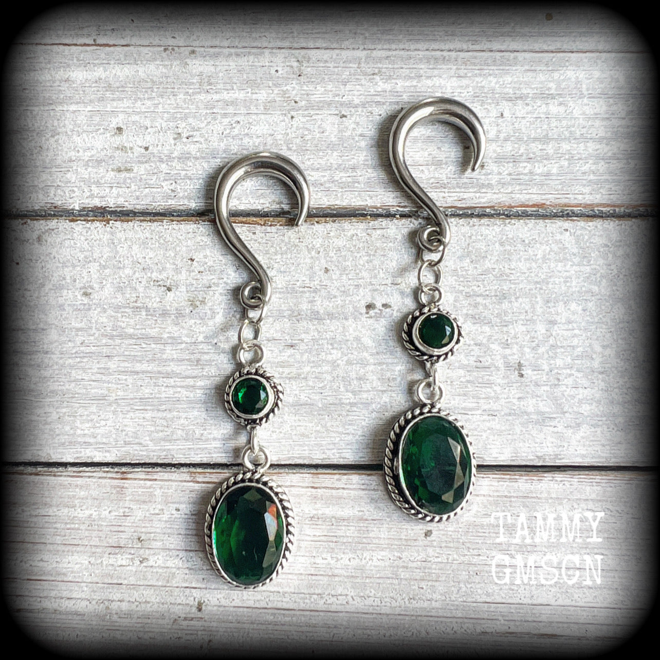 Emerald green gemstone gauged earrings-Boho earrings