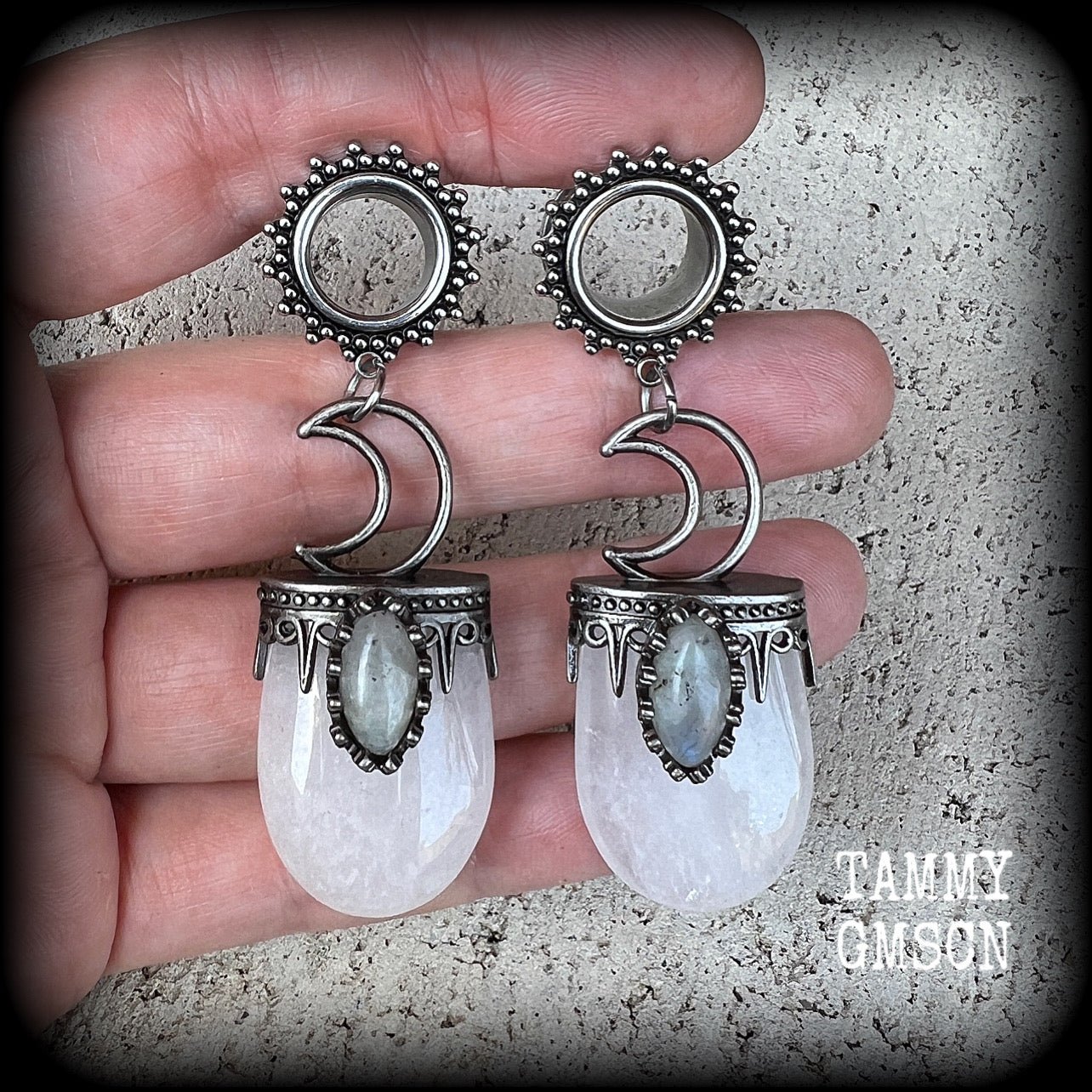 Ornate Clear quartz tunnel dangles