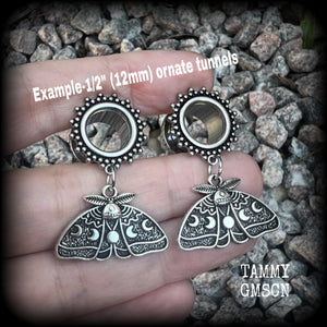 Moth and moon tunnel earrings-Luna moth ear gauges