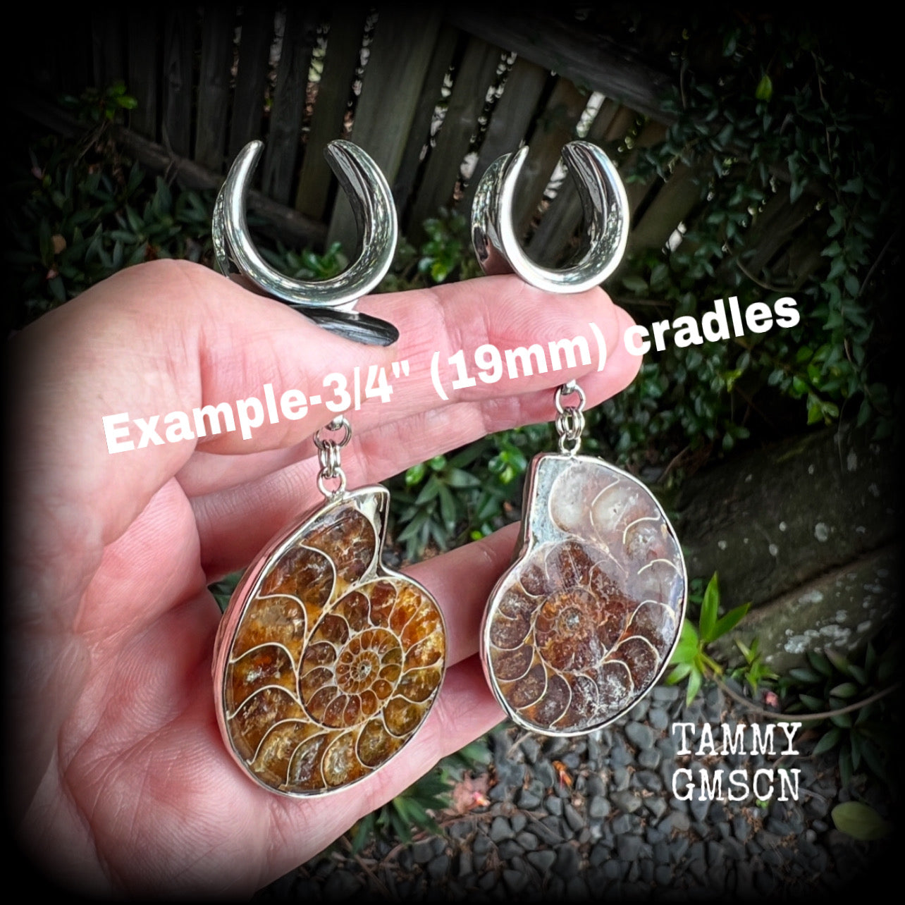 These big beautiful ammonite fossil gauged earrings are gorgeous!! This pair measures just on 9cms from tip to tip, and weigh in at approx 25 grams each.

♥️ IF YOU ORDER THESE EARRINGS YOU RECEIVE THIS EXACT PAIR ♥️

This pair has been made on 3/4" gauge (19mm) surgical steel cradles, suitable for stretched lobes.