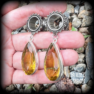 Ornate gemstone teardrop tunnels-Citrine earrings