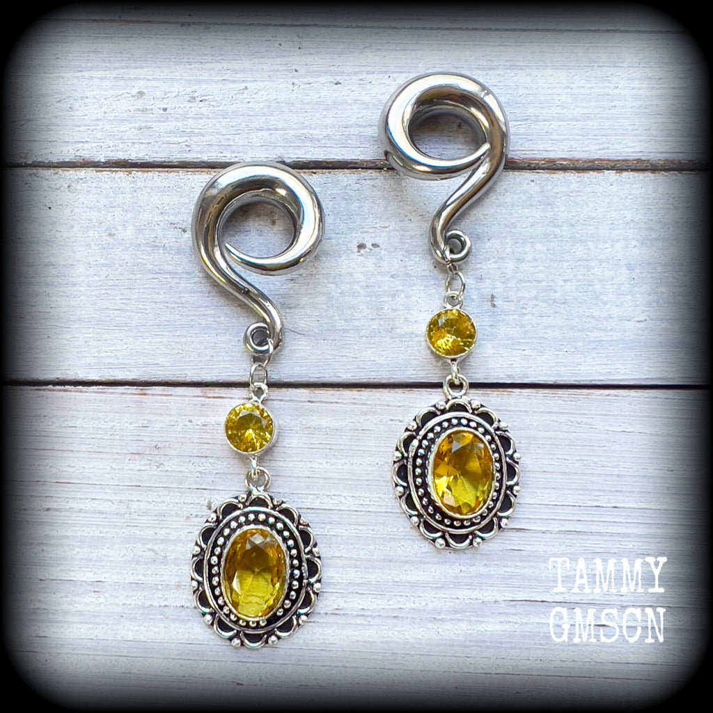 Yellow citrine gauged earrings-Gemstone ear weights