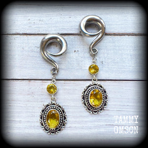 Yellow citrine gauged earrings-Gemstone ear weights