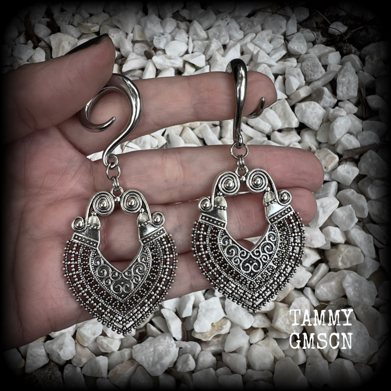 These beautiful ornate gauged earrings are inspired by Aphrodite, the Greek Goddess of love and beauty, weighing approx 14 grams a piece and measuring just over 8cms from tip to tip.

This pair have been made with 2 gauge (6mm) surgical steel full curl hooks, to be worn in stretched lobes.