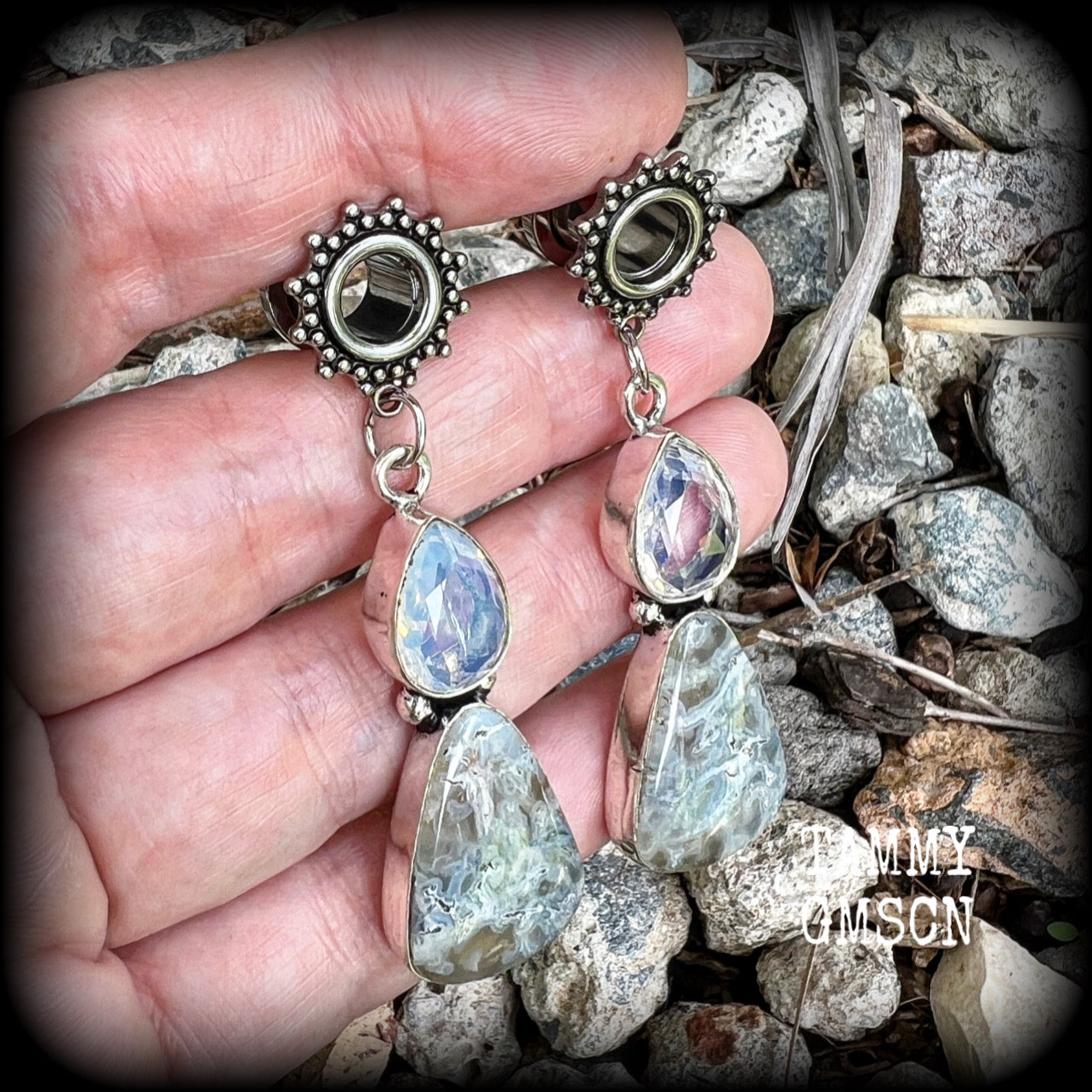 Moss agate and moonstone tunnel dangles