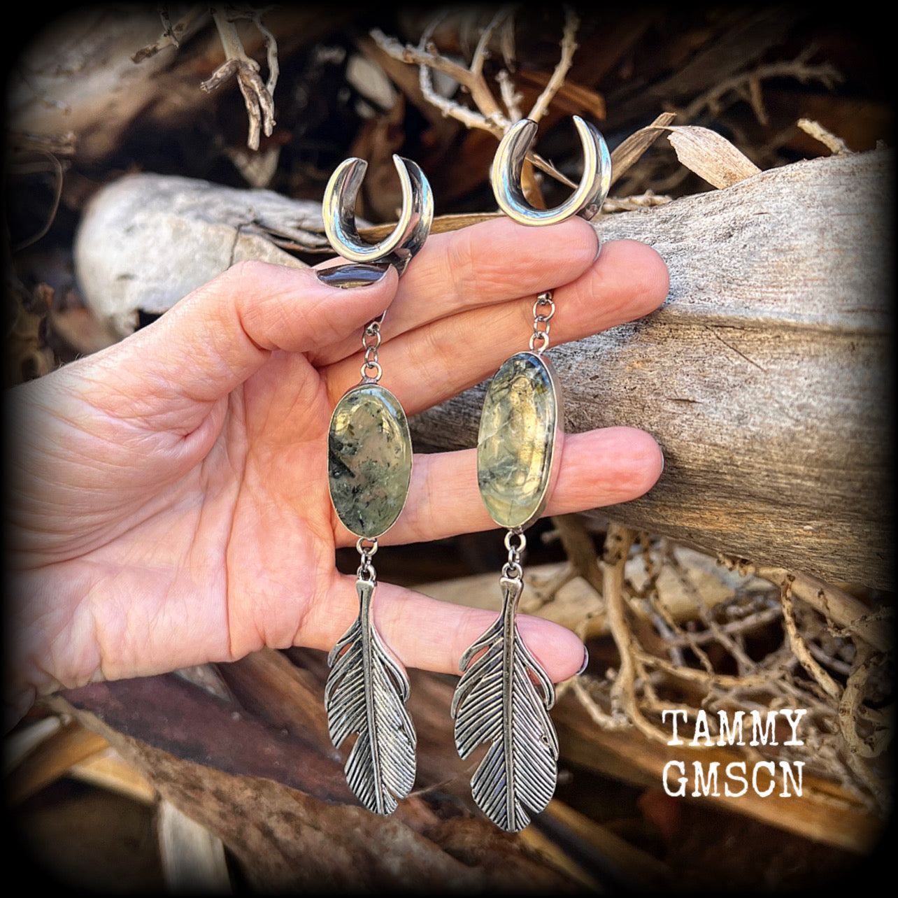 Moss jasper 19mm ear hangers Feather earrings Gauged earrings Body jewelry Goddess jewelry Gypsy boho 6g 2g 0g 00g 1/2” 9/16” 5/8” 7/8" 3/4" 1” 1.10” 1.18”  Gemstone ear hangers Earth mother Pagan Witchy ear gauges Stretched ears Ear weights Tunnels