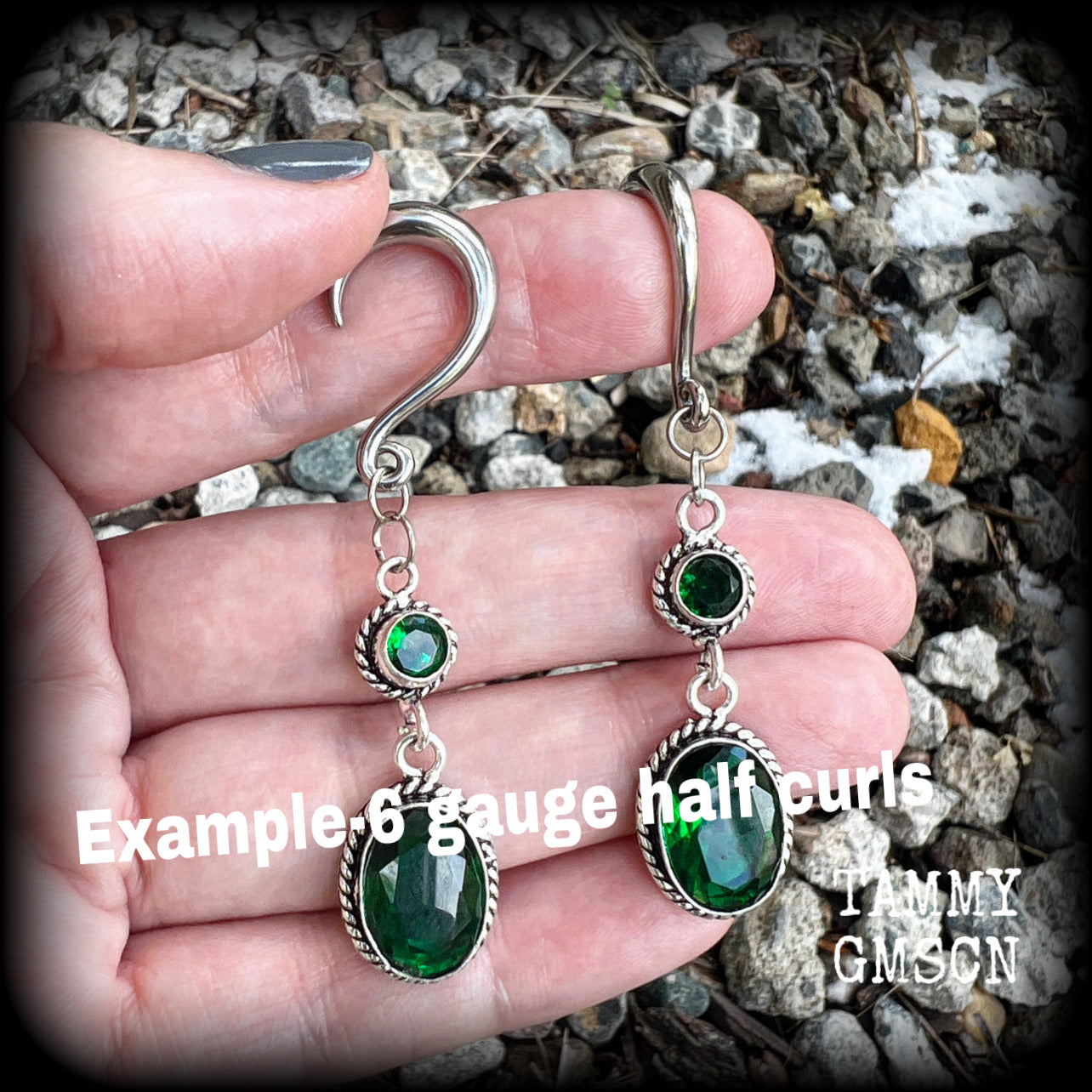 Emerald green gemstone gauged earrings-Boho earrings