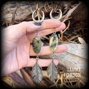 Moss jasper 19mm ear hangers Feather earrings Gauged earrings Body jewelry Goddess jewelry Gypsy boho 6g 2g 0g 00g 1/2” 9/16” 5/8” 7/8" 3/4" 1” 1.10” 1.18”  Gemstone ear hangers Earth mother Pagan Witchy ear gauges Stretched ears Ear weights Tunnels