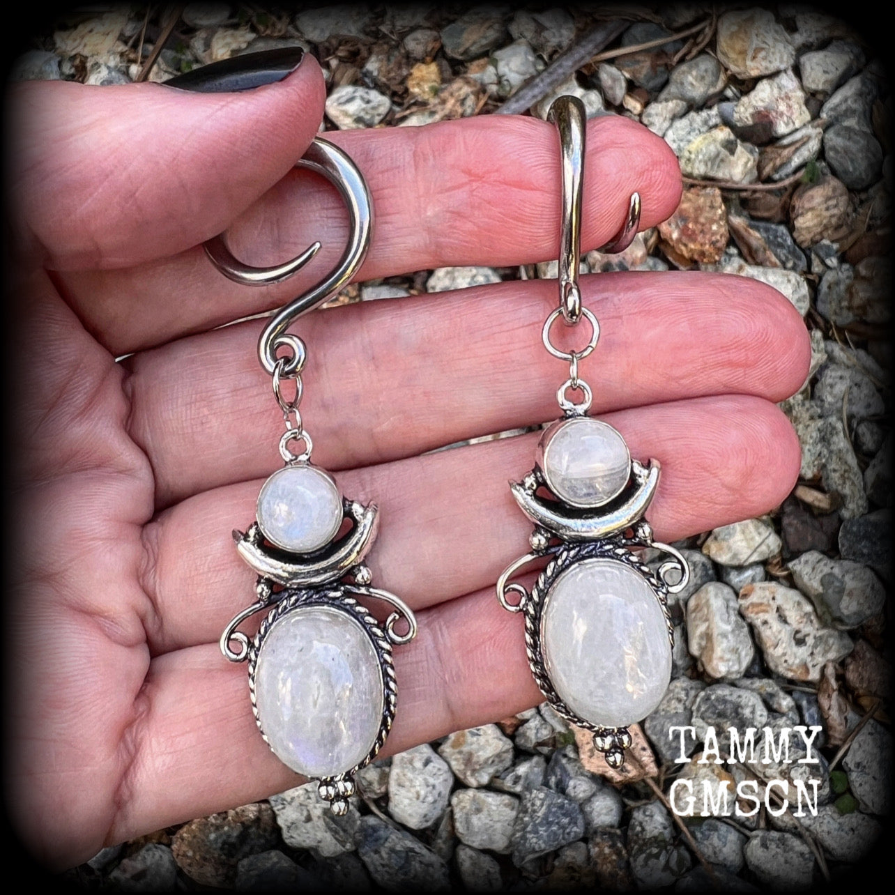 Rainbow moonstone earrings Gemstone gauged earrings Gemstone ear hangers 6 gauge tunnel dangles Gemstone ear weights 