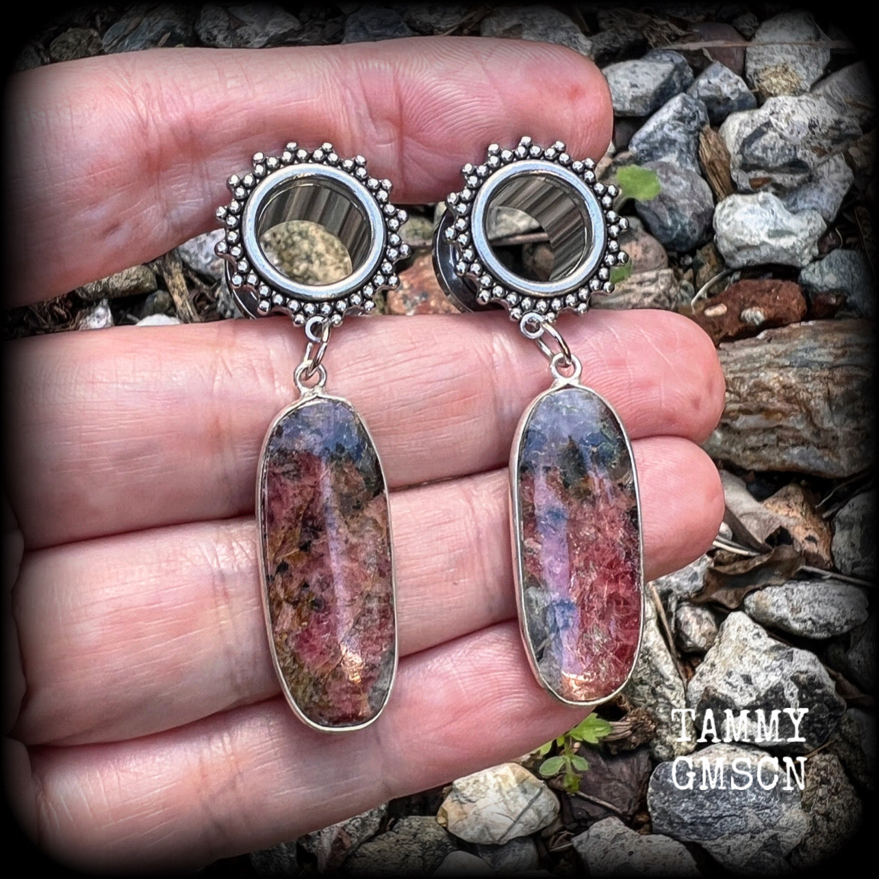 Gemstone tunnel earrings Rhodochrosite earrings 12mm tunnel dangles  Gauged earrings  Body jewelry 2g 0g 00g 1/2" 9/16" 5/8" 7/8" 3/4" 1" 1.10" 1.18" Earrings for stretched ears Gauged ears Stretched lobes