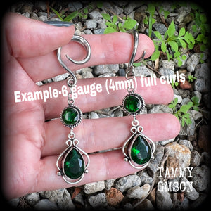 Emerald green gemstone gauged earrings-Boho earrings