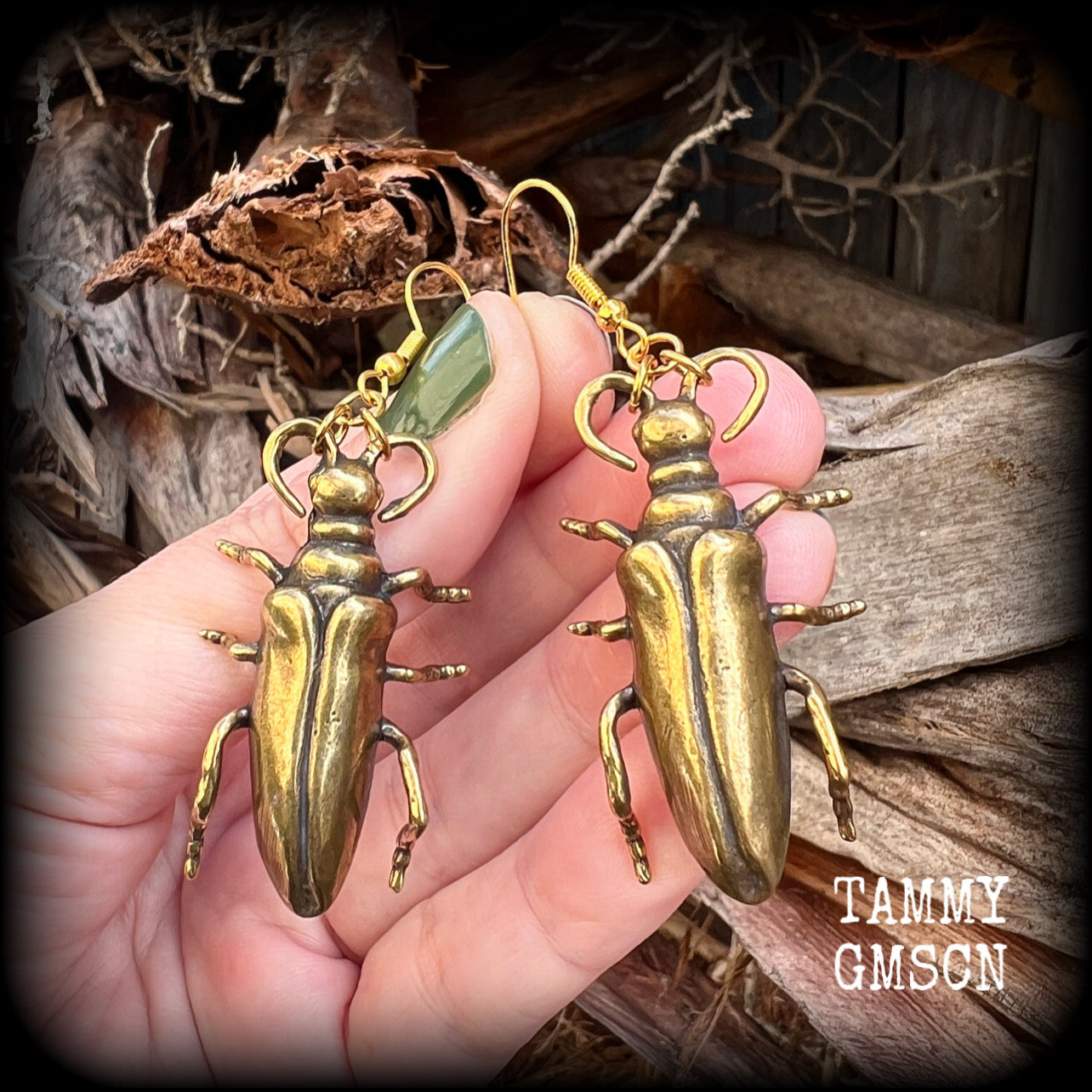 Brass Beetle earrings Bugs earrings Brown beetle earrings Insects earrings Insect earrings Arthropod earrings Pierced ears Stretched lobes Ear gauges Gauged earrings Cottagecoge Fairycore Mossgoth Whimsigoth Brown recluse Curiosities Entomology