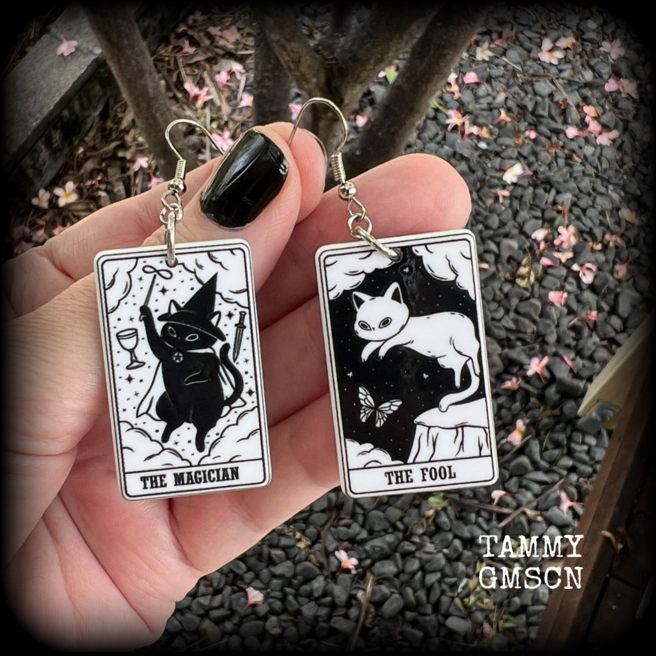 These adorable cat tarot earrings feature The Fool and The Magician lightweight tarot card charms, weighing only a few grams each, and measure approx 5cms from tip to tip.

This pair has been made with stainless steel french hooks, for pierced ears.