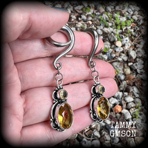 Yellow citrine gauged earrings-Gemstone ear weights-Hanging gauges