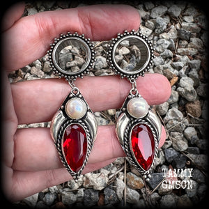 These earrings have gorgeous freshwater pearls and red garnet gemstones in a boho antique silver setting, weighing approx 13 grams each and measuring approx 7cms from tip to tip, made with 5/8" (16mm) gauge ornate surgical steel screw fit tunnels.