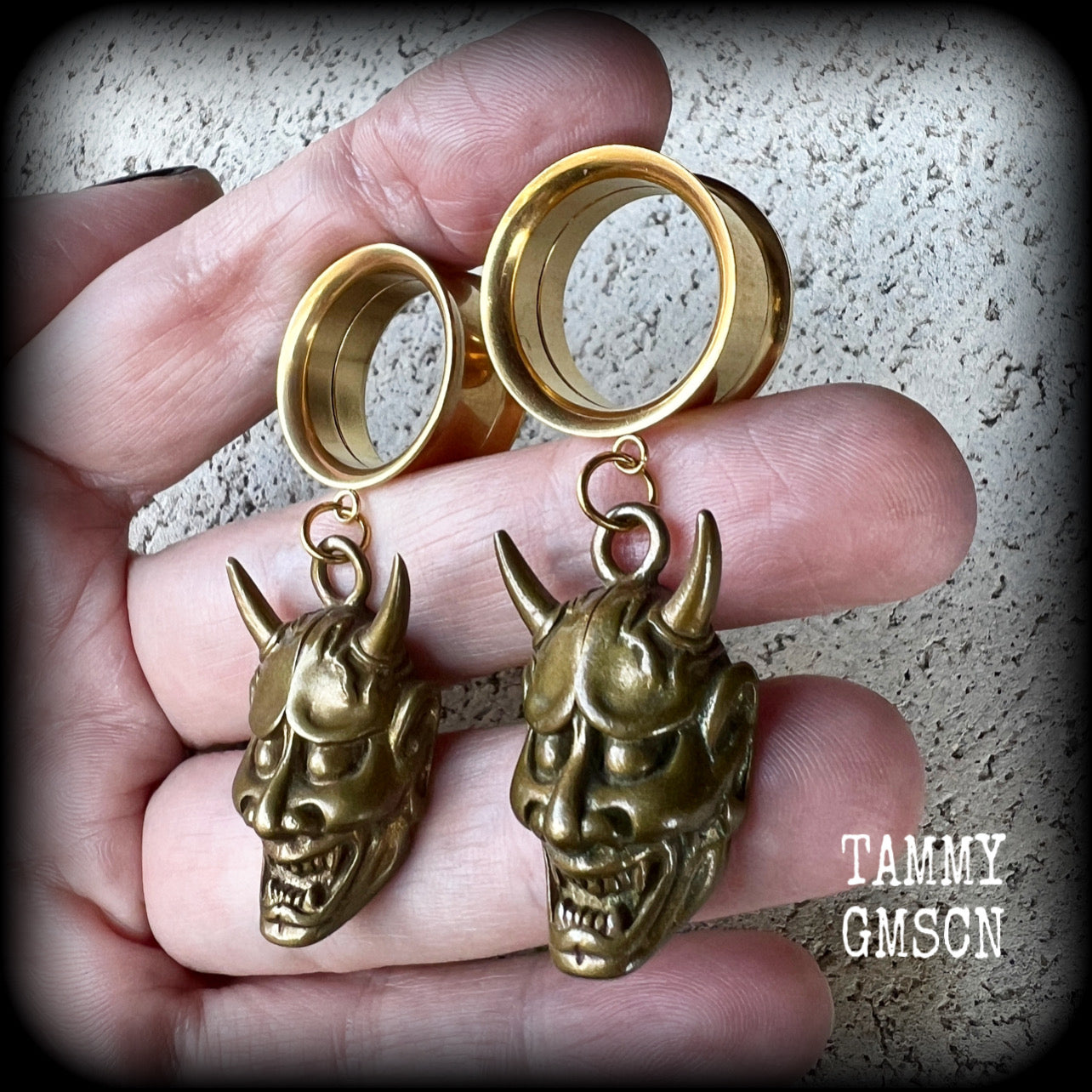 Brass hannya tunnel earrings-Japanese earrings