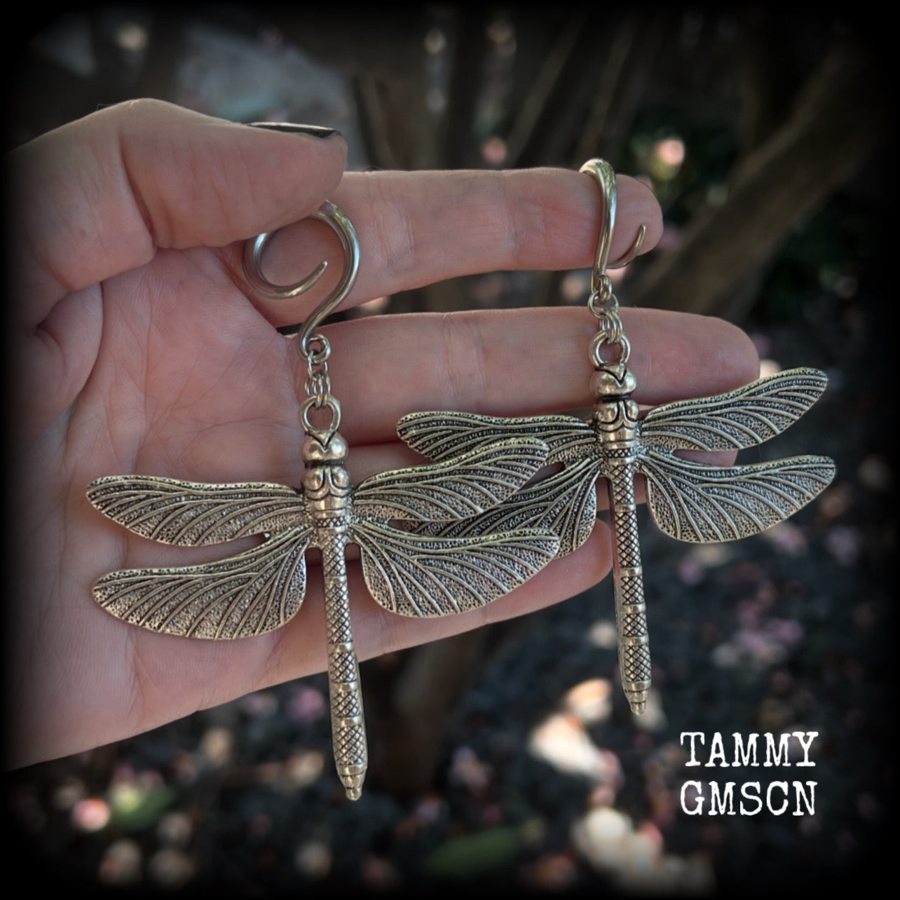 Dragonfly gauged earrings-Insect ear hangers