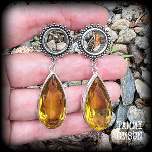 Ornate gemstone teardrop tunnels-Citrine earrings