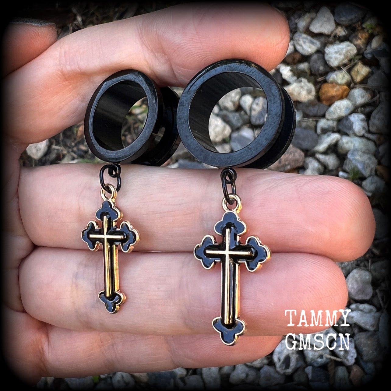 Christian cross gauged earrings 