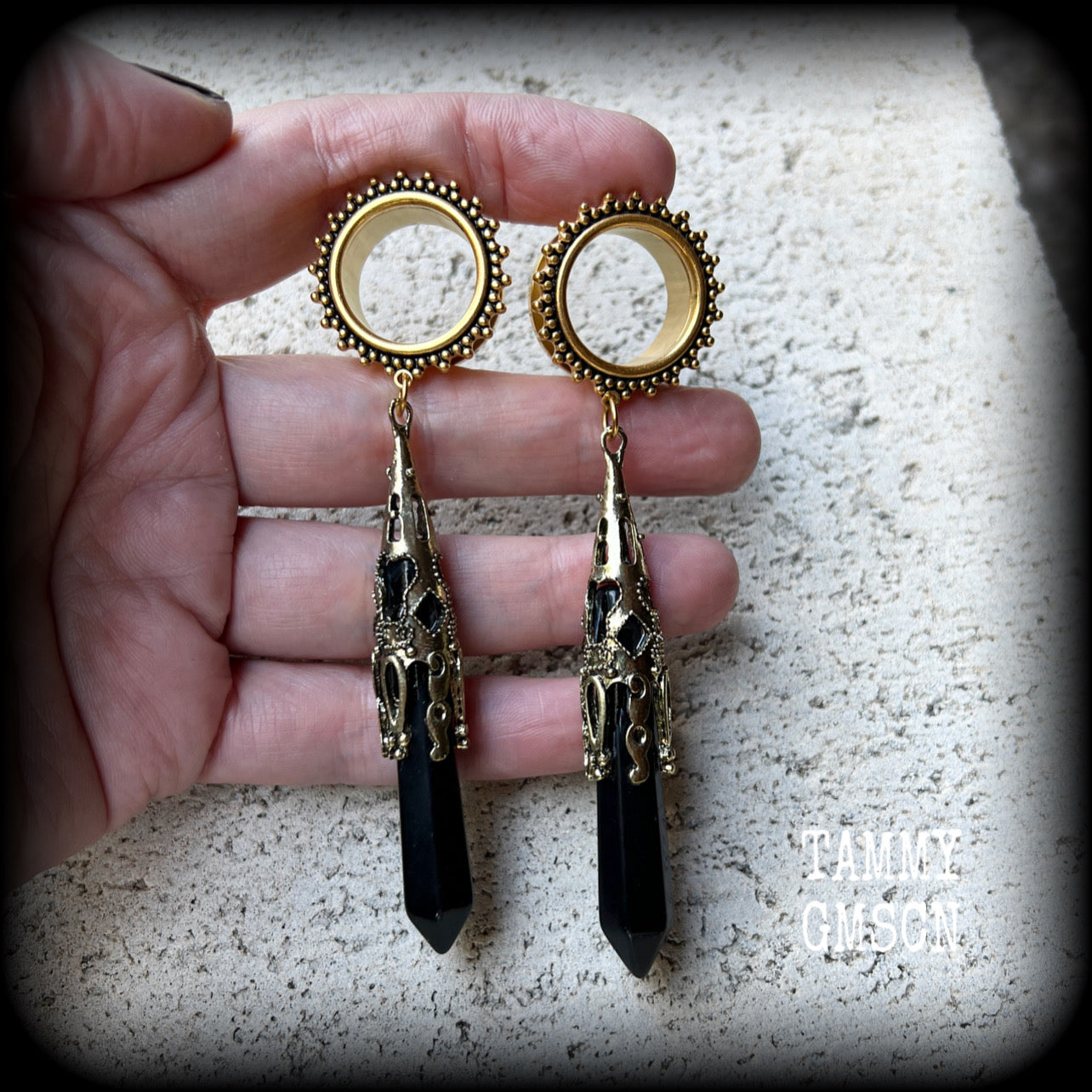 Black obsidian tunnel dangles-Ornate tunnels